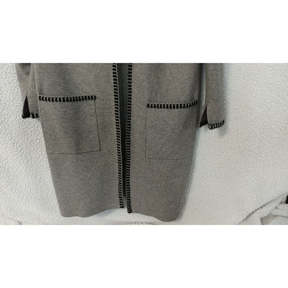 Magaschoni Open Front Cardigan Gray Black Trim Size S Long Midi Blazer Sweater - Picture 7 of 15